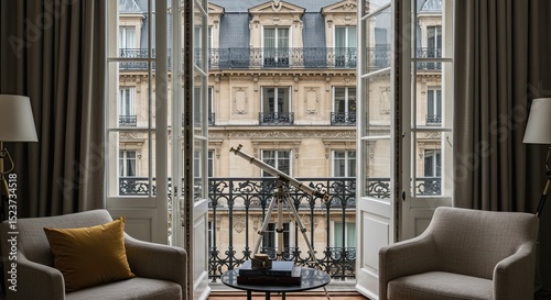 Elegant parisian apartment interior view with balcony and cityscape