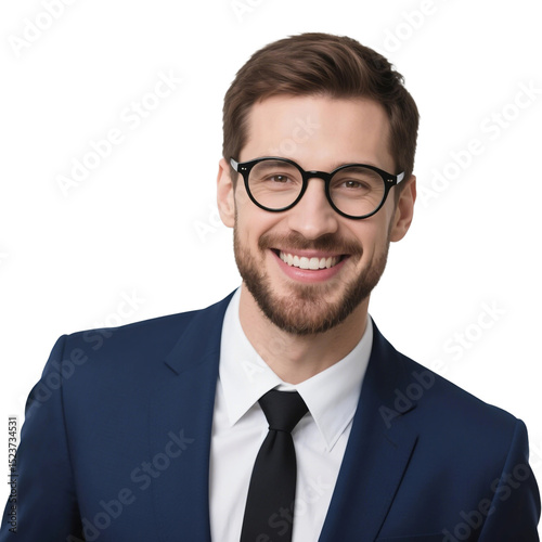 smiling man in professional dress, man in a suit and tie wearing glasses smiling at the camera shot on white background , no background