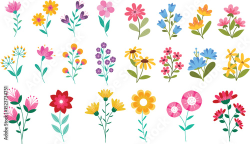 Set of spring and summer hand drawn flowers. Floral elements, wildflower, leaves and herb, plants, foliage on white background. Collection spring blossom icons. Vector flat illustration.