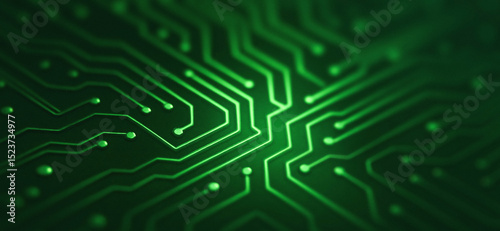 Green circuit board pattern with connecting lines and nodes abstract technology background. The composition offers versatility for layout design or product display.