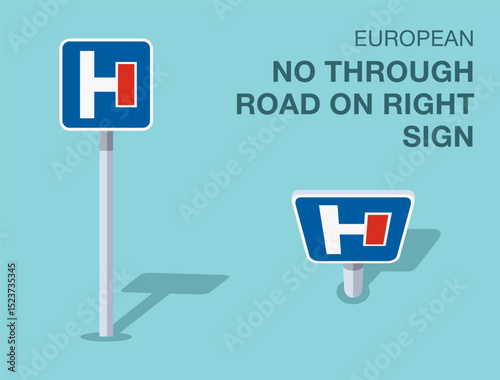Traffic regulation rules. Isolated european "no through road on right" road sign. Front and top view. Flat vector illustration template.