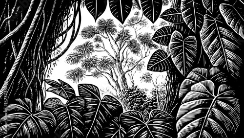 Black and white sketch vector of a tropical rainforest canopy viewed from below with large leaves