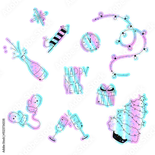 New Year items: champagne, firework, countdown clock