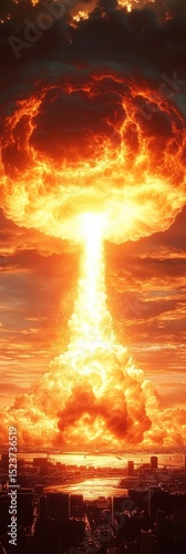 A colossal mushroom cloud erupts in a fiery sky, the terrifying aftermath of a nuclear explosion. The devastated landscape below underscores the immense power and destructive force unleashed.