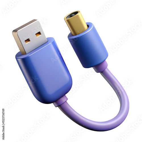 3d render of a purple usb cable with a gold connector, isolated on transparent background