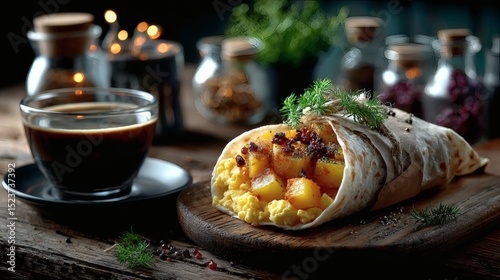 Breakfast wrap unwrapped halfway on parchment paper showing fillings of scrambled eggs, bacon, diced potatoes, and cheddar, placed on a wooden table with takeaway coffee and utensils 