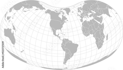 World vector map with country boundaries and graticules (America centered view, Hill projection, PPT-compatible & fully editable)