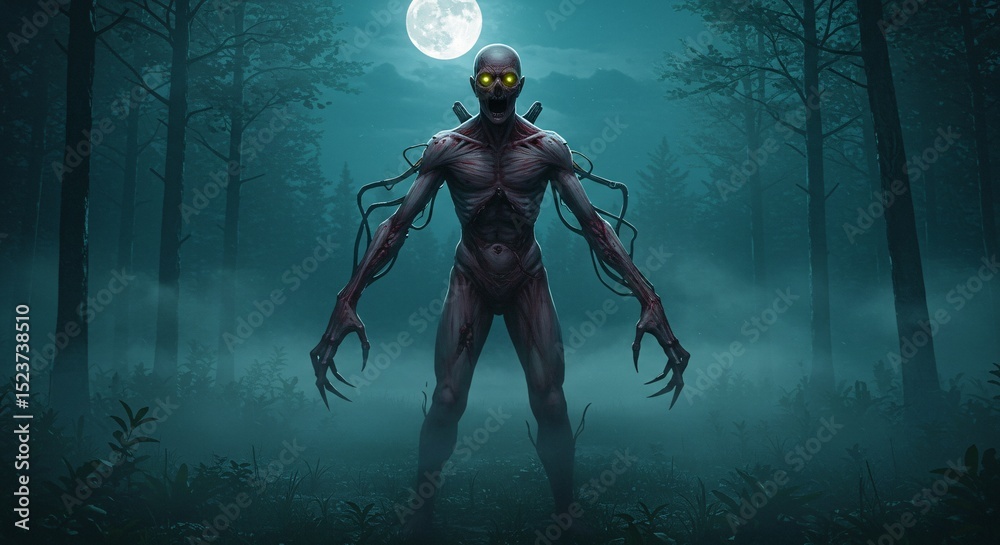 Fototapeta premium Nightmarish Creature in Dark Forest Digital Painting