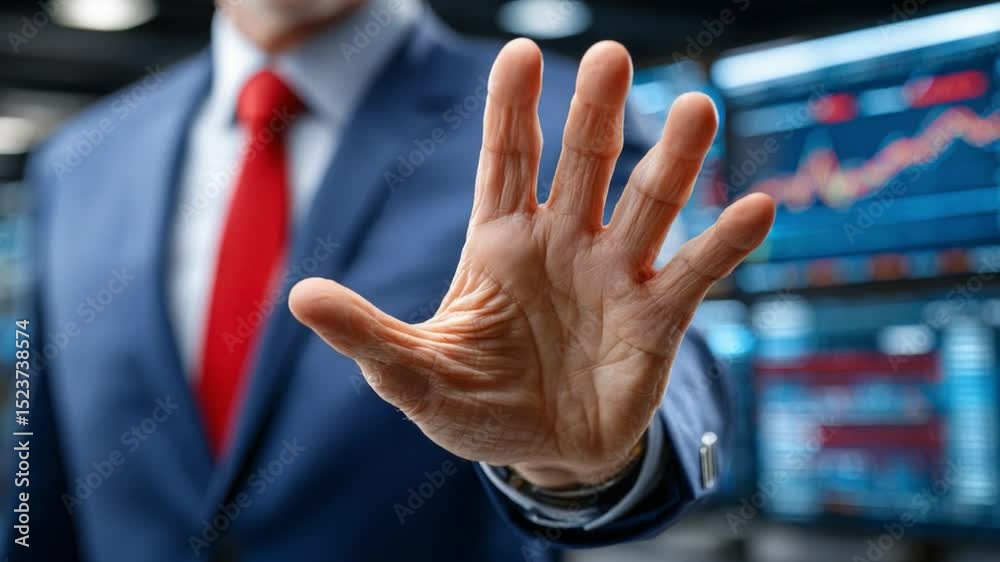 Stop Gesture: An image featuring a person's hand as they make a gesture of stopping, in front of a display of financial data and other work-related details. Emphasizing the decision making