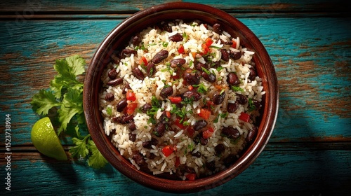 Nicaragua dish Gallo Pinto Rice and beans stir-fried together speckled red and white appearance