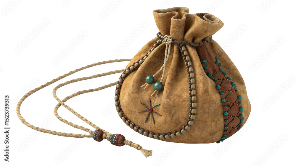 Fototapeta premium Rustic drawstring pouch with tribal embroidery and beads on a white background, AI generated