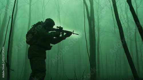 A hunter using a thermal imager in cold forest

