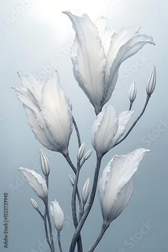 Surrealism-inspired artwork featuring shimmering water drops on twisted floral stems, delicate silver and white shades, complex visual textures with elegant proportions 