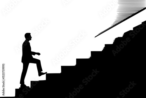 A silhouette of a businessperson in a suit ascending a set of stairs