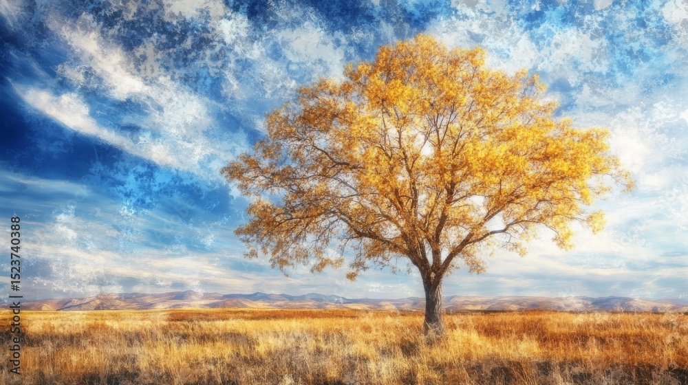 Fototapeta premium In a sun-drenched field, a vibrant tree takes center stage beneath a cloudy sky on a golden autumn day