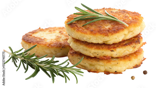 Golden Brown Potato Fritters Stacked with Fresh Rosemary, Close-Up Shot. AI generated