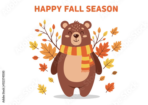 Adorable Bear in Fall Outfit Happy Fall Season Illustration