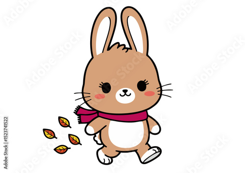 Adorable Autumn Bunny Illustration Cute Cartoon Rabbit Walking with Falling Leaves