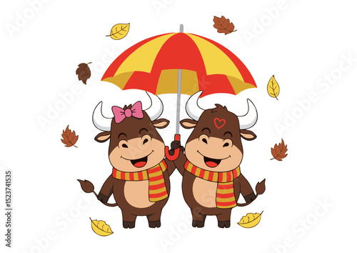 Adorable Cartoon Couple Bulls Under Autumn Umbrella Cute Fall Illustration