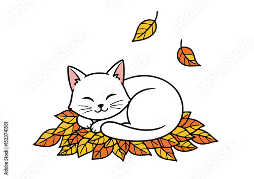 Adorable White Kitten Napping on Autumn Leaves A Cute Fall Illustration