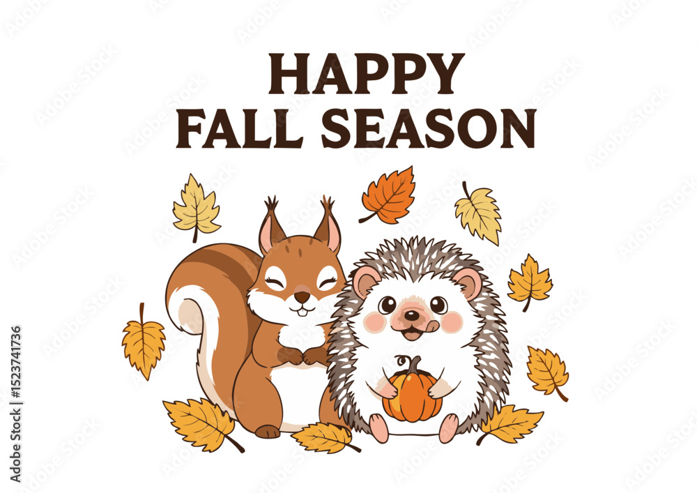 Naklejka premium Adorable Squirrel and Hedgehog Celebrating Happy Fall Season Autumn Leaves, Pumpkin, Cute Cartoon Illustration