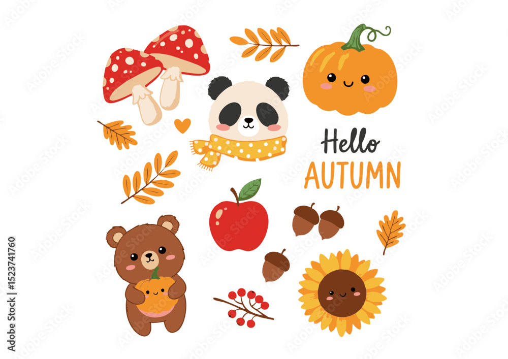 Fototapeta premium Adorable Autumn Collection Cute Panda, Bear, Pumpkin, and Fall Elements Illustration