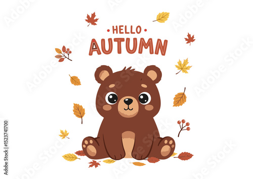 Adorable Brown Bear Cub Welcoming Autumn Cute Fall Illustration Featuring Leaves and Berries