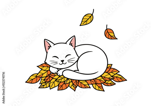 Adorable White Kitten Napping on Autumn Leaves A Cute Fall Illustration