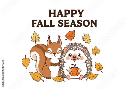 Adorable Squirrel and Hedgehog Celebrating Happy Fall Season Autumn Leaves, Pumpkin, Cute Cartoon Illustration