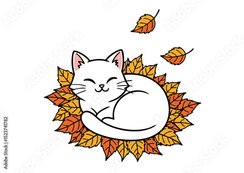 Adorable White Kitten Napping Amidst Autumn Leaves A Charming Fall Illustration