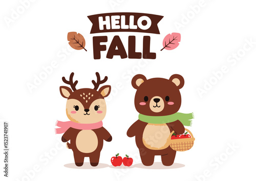 Adorable Fall Animals Cute Deer and Bear Celebrating Autumn Harvest