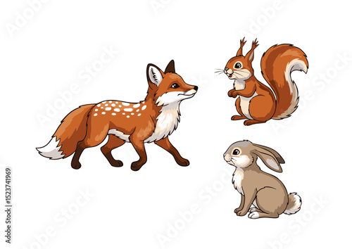 Adorable Woodland Creatures Fox, Squirrel, and Rabbit Illustration