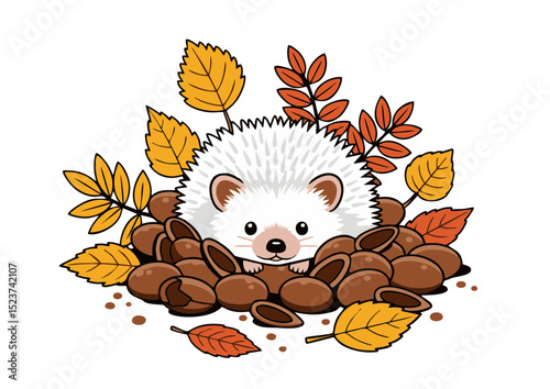 Adorable White Hedgehog Nestled in Autumn Leaves and Nuts A Charming Fall Illustration