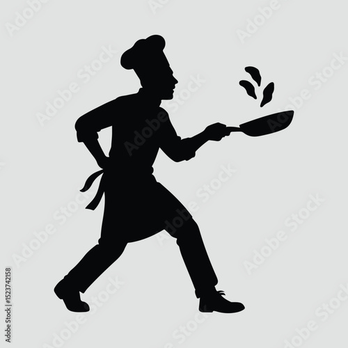 Silhouette chef cooking flipping food with pan Illustration Vector