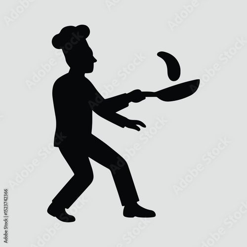 Silhouette chef flips pancake black and white Illustration Vector
