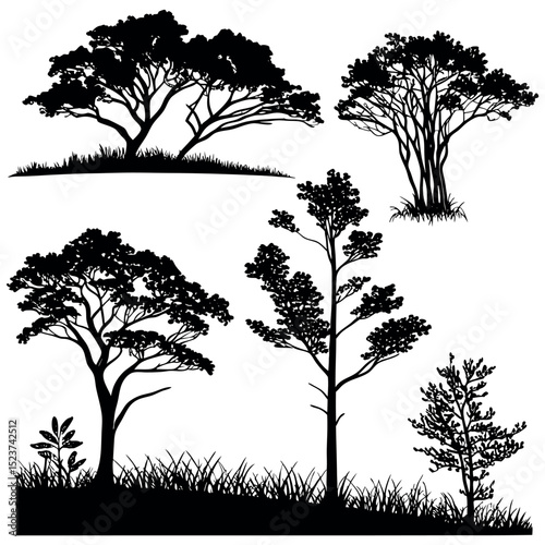 Black silhouette collection of trees, bushes, and plants for natural landscape scenes