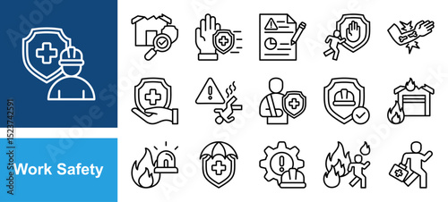 Work Safety icon set with hazard, risk, prevention, protection, accident, emergency, injury, first aid, evacuation and fire.