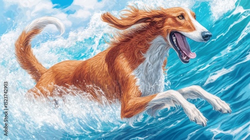 Irish Setter canine frolics amidst cresting waves under a bright sky in a joyful water romp