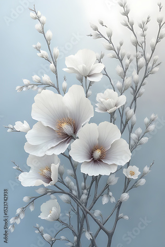 Surrealism-inspired artwork featuring shimmering water drops on twisted floral stems, delicate silver and white shades, complex visual textures with elegant proportions 