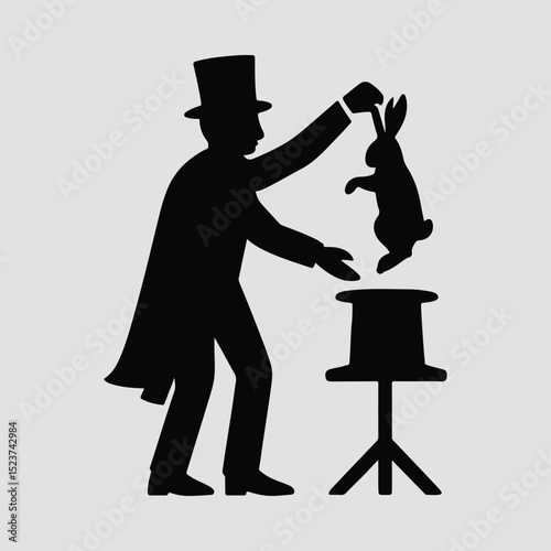 Silhouette magician pulling rabbit from hat magic Illustration Vector