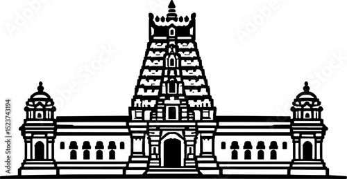 Minimal South Indian Sarangapani Temple outline in Kumbakonam clean lineart vector illustration