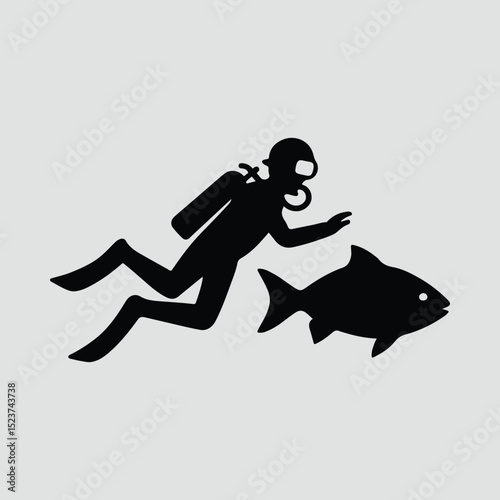 Silhouette scuba diver and fish swim Illustration Vector
