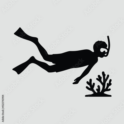 Silhouette scuba diver swims near coral Illustration Vector