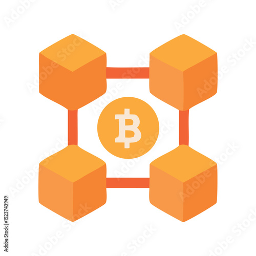 Bitcoin blockchain network icon with interconnected blocks and central currency