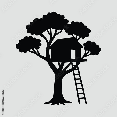 Silhouette treehouse on tree with ladder Illustration Vector