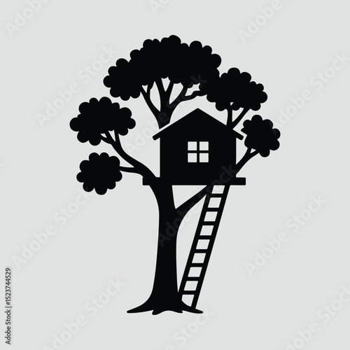 Silhouette treehouse with ladder isolated Illustration Vector