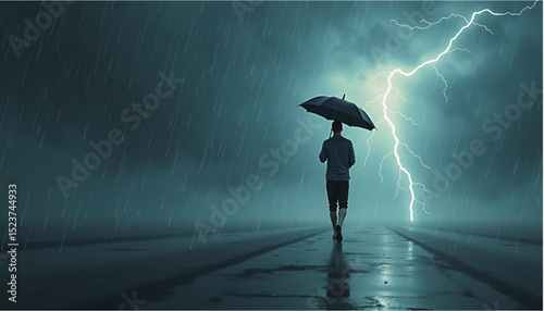 Person walking with an umbrella in heavy rain, illuminated by lightning in a stormy atmosphere, overcoming adversity