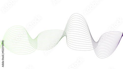 Vector curvy abstract line art wavy flowing dynamic green pink purple yellow black in concept music or sound, wave, wind, information flow