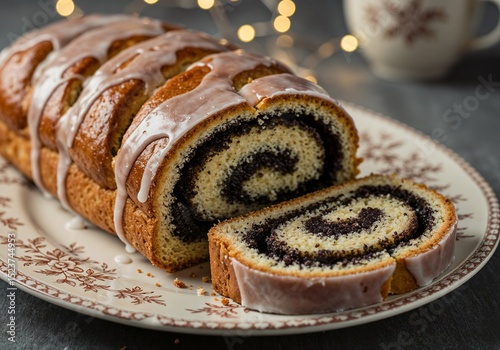 Makowiec sliced poppy seed roll with glossy glaze photo