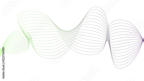 Vector curvy abstract line art wavy flowing dynamic green pink purple yellow black in concept music or sound, wave, wind, information flow